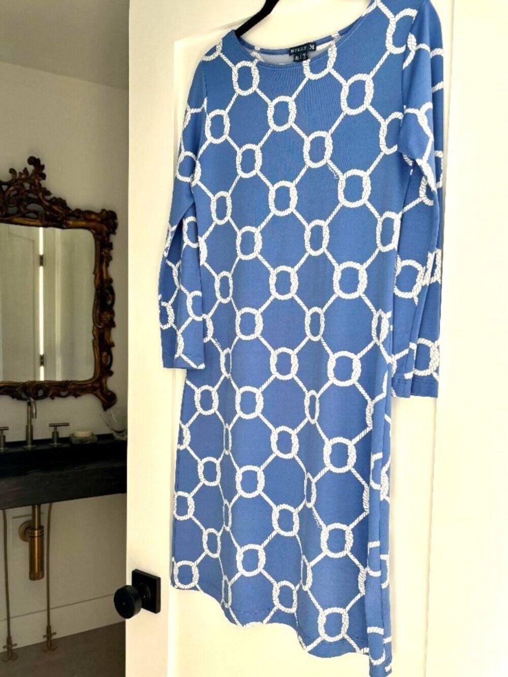Melly M Nautical Rope Print Dress XS Blue White Preppy Coastal Shift 3/4 Sleeve - Picture 2 of 5